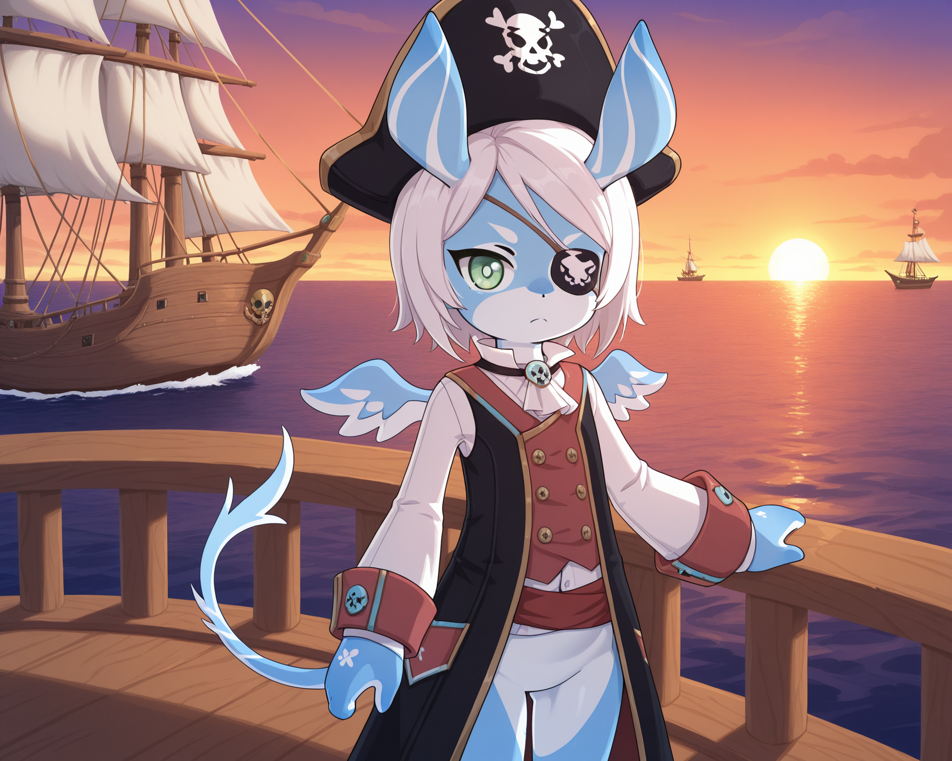 109159-3844085807-solo, melusine, blue skin, green eyes, white hair, straight ears, thin tail, wings, pirate uniform, eyepatch, ship, ocean, frown.png
